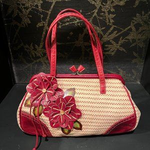 Isabella Fiore straw and red leather bag with red flower appliques on front